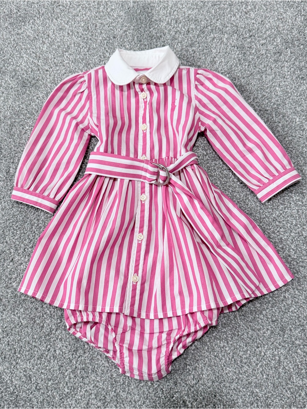 Ralph Lauren Pink and White Striped Baby Dress with Collar